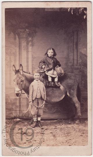 Two children with a donkey