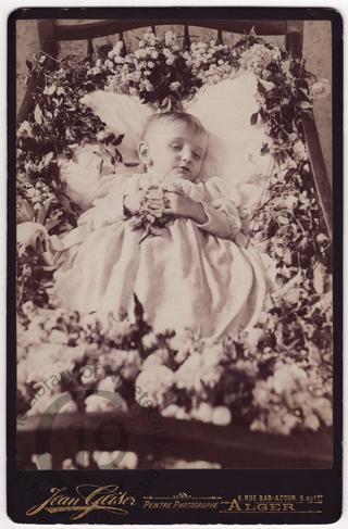 Child in flower-strewn cot