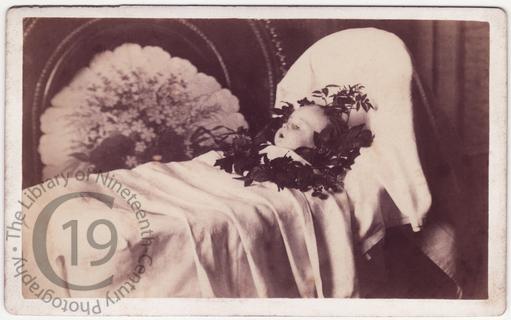A baby with a wreath of dark leaves